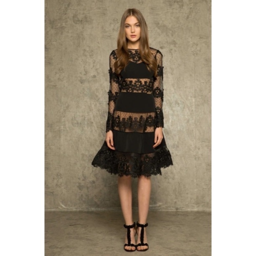 NWT Bronx and Banco Flamenco Black Lace Semi Sheer Fit/Flare Knee Length Dress 6